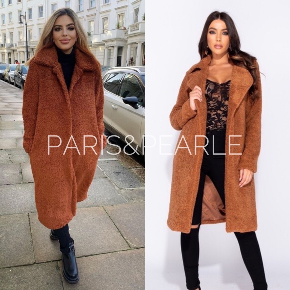 5🌟 Autumn Goalz Rust Teddy Faux Fur Duster Jacket